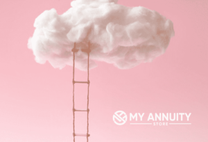 A Rope Ladder hanging from fluffy cloud with pink background and white my annuity store logo