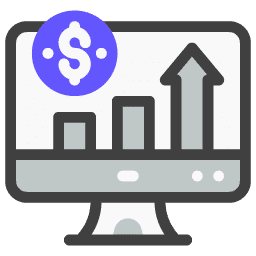 Accumulation annuities icon of money sign and upward bar chart on computer screen