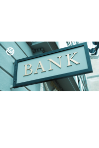 The outside of a Bank in American with a sign hanging from the building perpindicularly that simply says Bank in white letters.