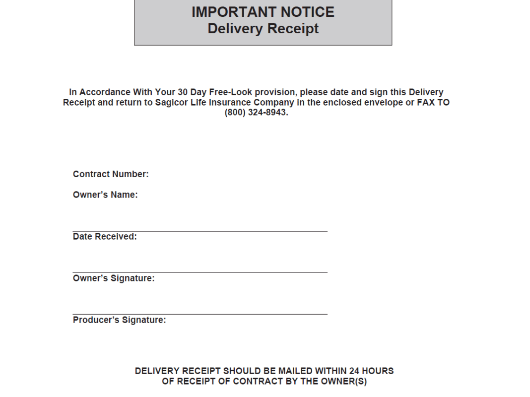 A delivery receipt page from an annuity contract with text stating the free look period begins date of delivery receipt.