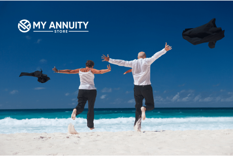 Retired Couple stripping their suit off and running towards blue ocean. My Annuity Store logo top left corner.