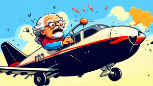 Cartoon drawing of an old man riding an airplane towards the ground as it crashes.