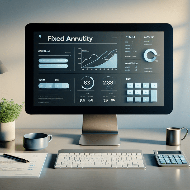 Fixed annuity calculator image of a computer screen with differennt graphs and charts with text "annuity calculator. "