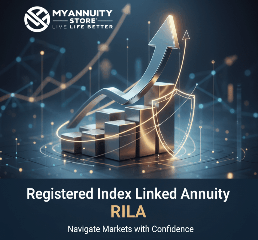 Text rila registered index linked annuity "navigate the markets with confidence". Arrow pointing up with coins and dark blue background.