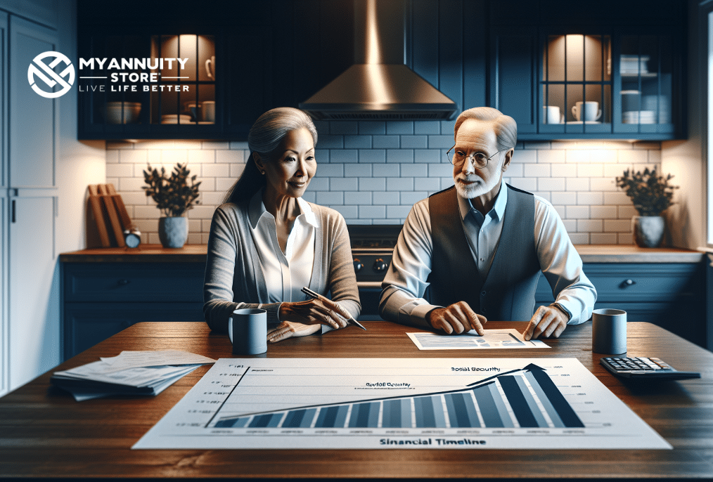 Realistic illustration of retired age man and woman sitting at kitchen table with financial charts.
