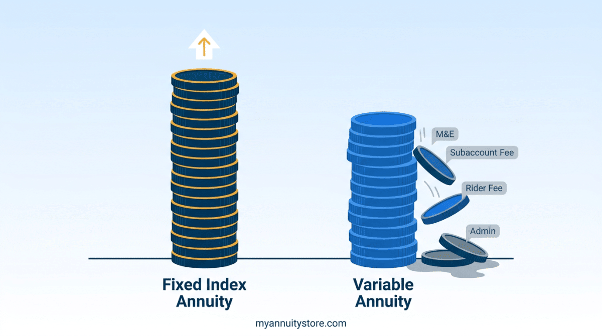 Fixed index annuity vs variable annuity comparison chart highlighting fees, downside protection, and net growth differences