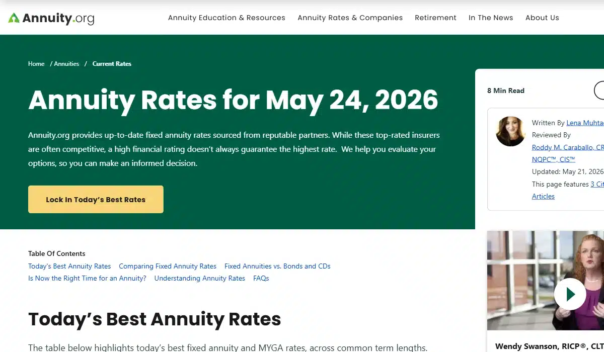 The 8 Best Places to Buy an Annuity Online 7 Annuity. Org rates page showing annuity rates for may 24, 2026 hero with lock in today's best rates call to action