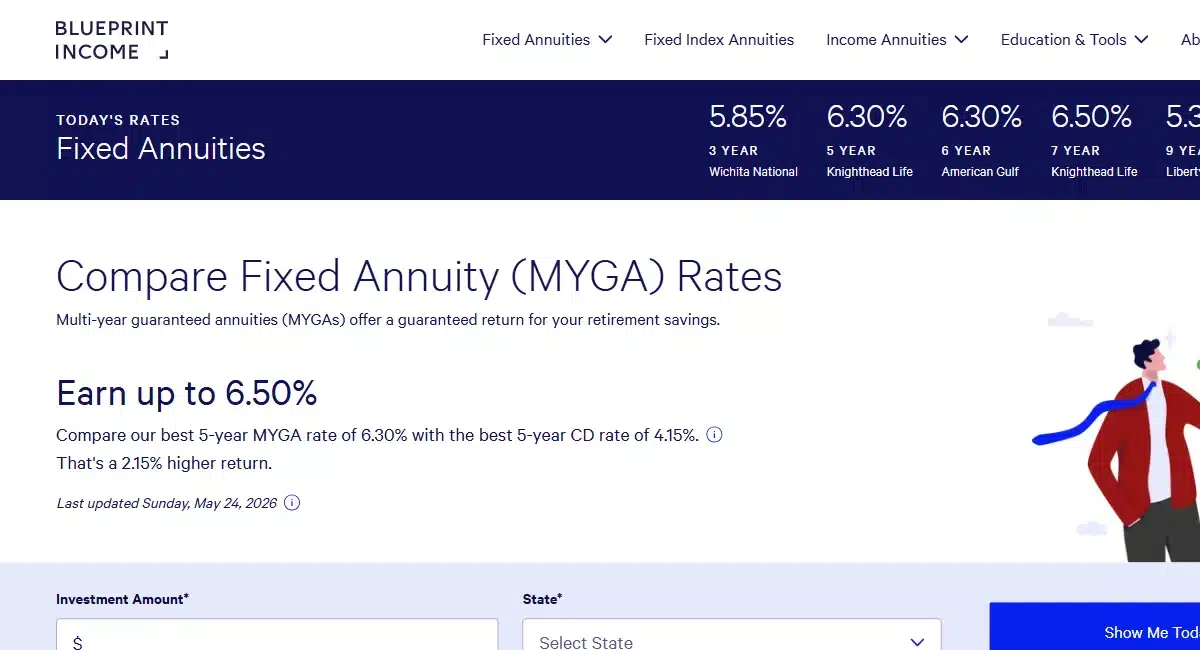 The 8 Best Places to Buy an Annuity Online 1 Blueprint income online platform showing fixed annuity rate header with 5. 85% to 6. 50% myga rates by carrier and term