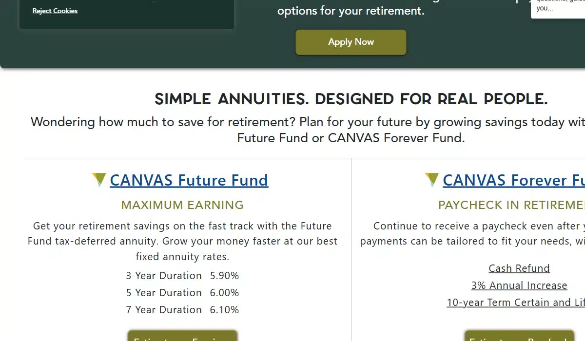 The 8 Best Places to Buy an Annuity Online 6 Canvas annuity product cards showing future fund and forever fund with 3, 5, and 7 year rates